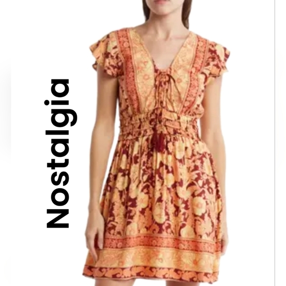 Nostalgia Womens Mixed Floral Boho Dress Sz L Mini Beachy Vacation - Picture 1 of 13